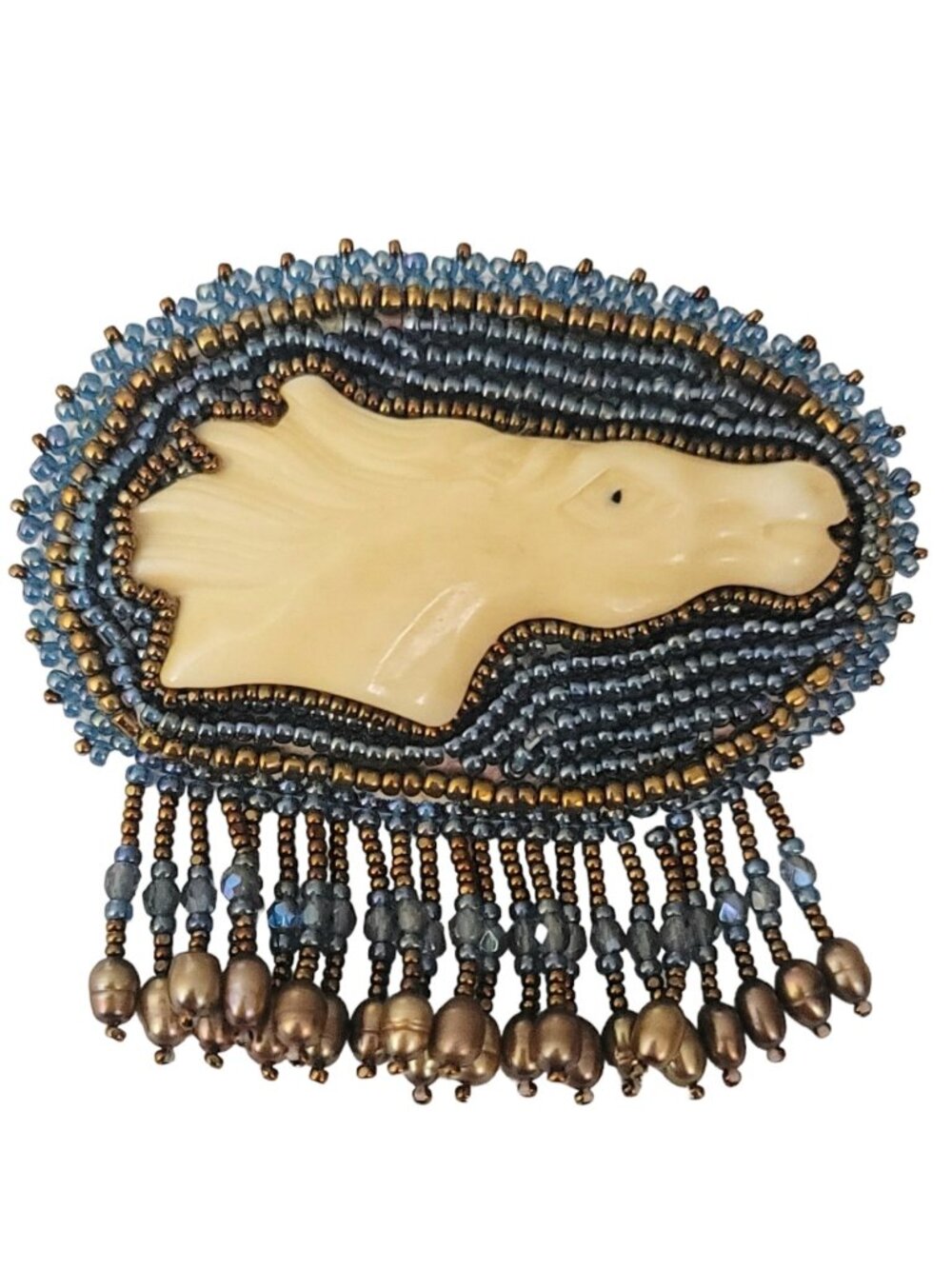 Oval Beaded Dangle Boho Carved Tribal Horse Brooch